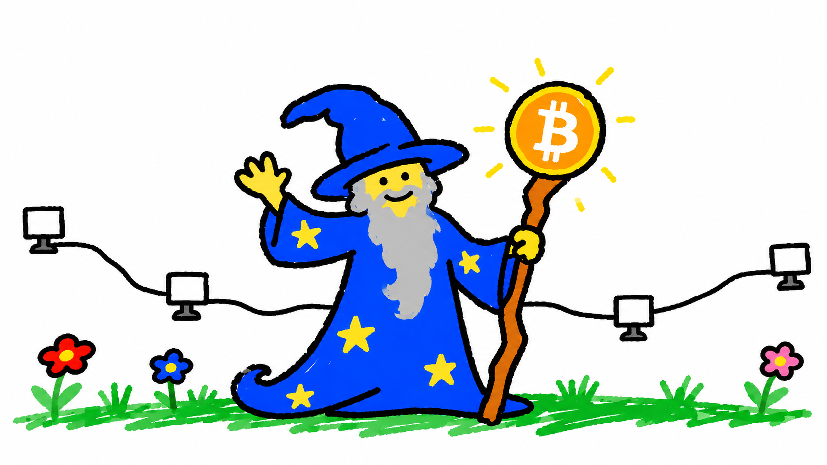 A roughly painted blue wizard in a scribbled internet meadow, holding a Bitcoin coin on a stick.