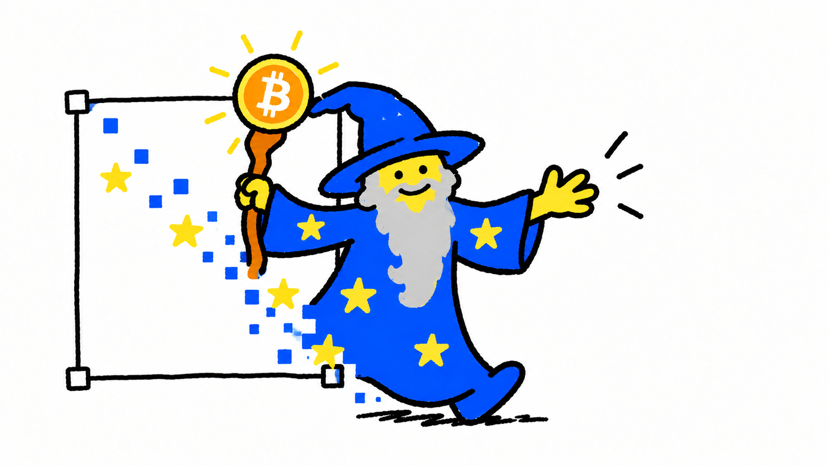 The Paint wizard steps out of an open canvas, trailing blue pixels and yellow stars.