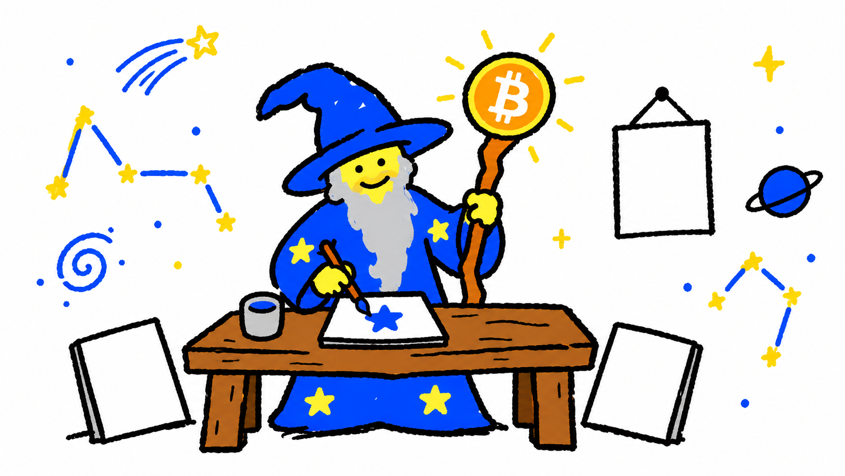 Bitcoin Wizard conjures hand-painted creatures and stars in a workshop full of open canvases.